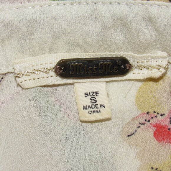 Miss Me Cream Floral Boho Tie Waist Tunic Top Tab Roll Sleeve Women's S Small - Picture 11 of 11